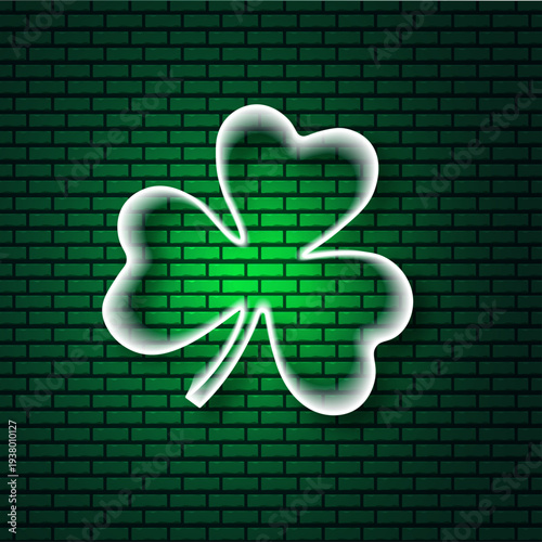 Saint Patricks Day Neon Shamrock Sign on Green Brick Wall Background for Holiday Marketing and Event Decoration
