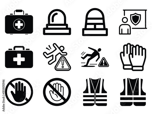 Various safety and hazard warning icons illustrate workplace regulations including first aid kits, falling signs, and protective gear.