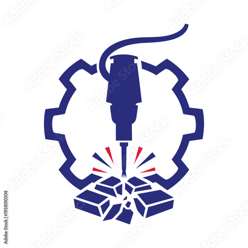 Blue gear with drill breaking concrete blocks