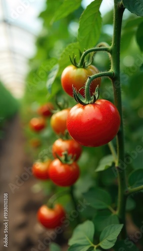 Ripe red greenhouse tomatoes on the vine, glistening with moisture, ready for harvest Leaves and stems show healthy growth within the controlled environment , hydroponics, plant growth, vibrant