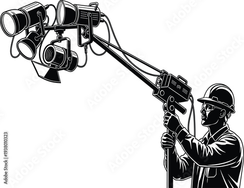 Man in hard hat holding studio lighting equipment studio lights television