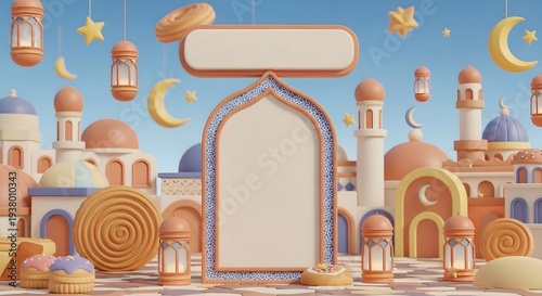 Ramadan Kareem Banner Template with Islamic Ornament Frame and Lantern Light