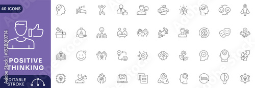 Positive Thinking icon set. Open mind, growth mindset, smart thinking, good habits, brain process, design thinking, mental wellness, psychology concept icons. Editable stroke.