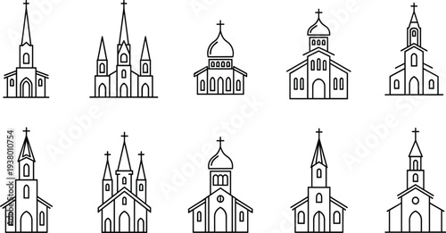 Black line of various church buildings with steeples and domes on white background architecture
