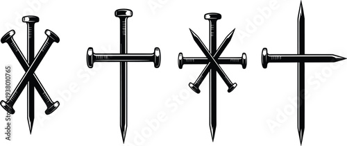 Black metal nails crossed and standing alone on white background black nails crossed nails standing nails