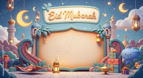 Ramadan Kareem Banner Template with Islamic Ornament Frame and Lantern Light