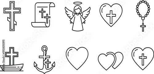 Christian symbols and including crosses hearts and angels in line style rosary
