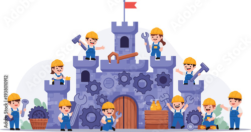 Whimsical illustration of little girl surrounded by strawberries and leaves on white background