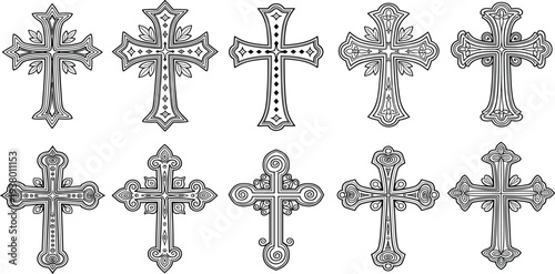 Ornate black line crosses on white background line black religious symbols