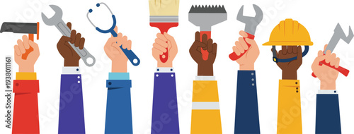 People from different professions holding their tools in a row