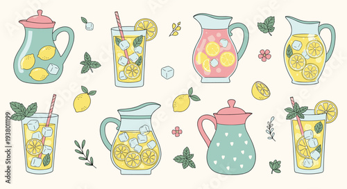 Refreshing Lemonade Drinks and Pitchers with Mint and Ice on a Light Background