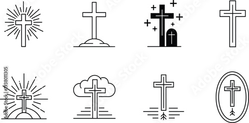 Various Christian Cross Symbols and in Black and White religious symbol line symbol