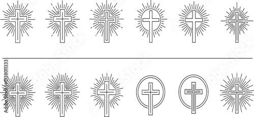 Various Christian Cross Symbols with Radiant Lines and Circular Borders