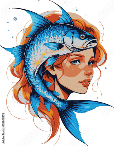 Fisher artist fish-human hybrid painting on canvas with brush, bold thick black clean outline, vector sticker, white background