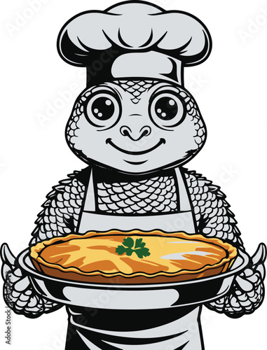  Fisher baker fish-human hybrid holding tray of baked fish pie, bold thick black clean outline, minimalist vector sticker, white background 1