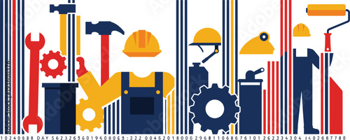 Construction tools and equipment in a colorful graphic illustration