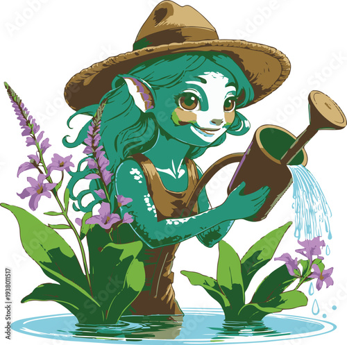  Fisher gardener fish-human hybrid watering aquatic plants with watering can, bold thick black clean outline, vector sticker, white background 2