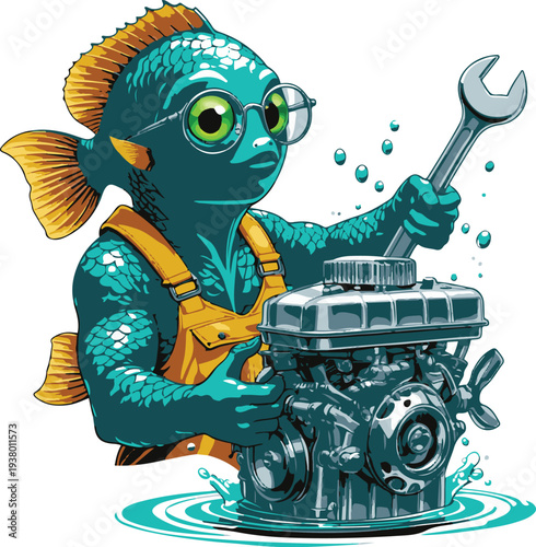 Fisher mechanic fish-human hybrid repairing a small boat engine with wrench, bold thick black clean outline, vector sticker style, white background