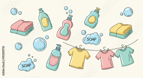 Colorful laundry day essentials including folded clothes detergent bottles and hanging garments on a clothesline with soap bubbles floating around