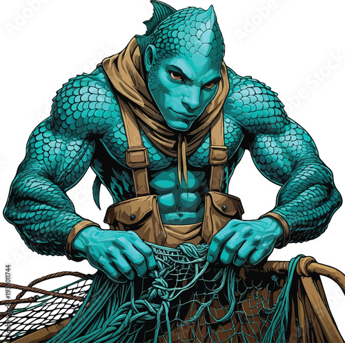  Fisherman fish-human hybrid repairing a fishing net, bold thick black clean outline, vector sticker style, white background