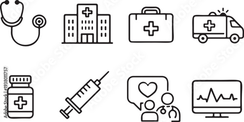 A motivating set of line icons illustrating various elements of fitness, exercise, and a healthy lifestyle.