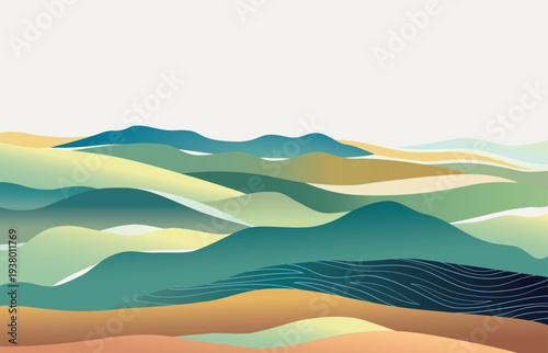 Minimal abstract vector illustration landscape with soft gradients and flowing shapes. Calm background hills and mountains, featuring smooth curves.