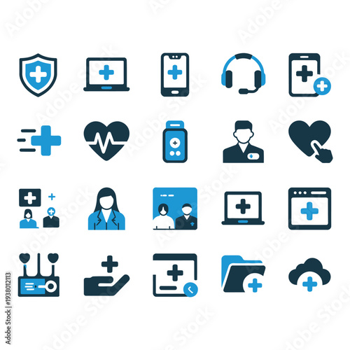 Digital healthcare and medical technology glyph icon set for modern applications