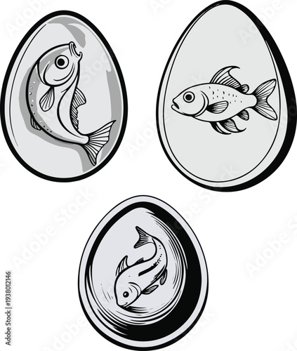 Minimalist fish embryo inside transparent egg vector sticker, bold black thick clean outline, pure white background