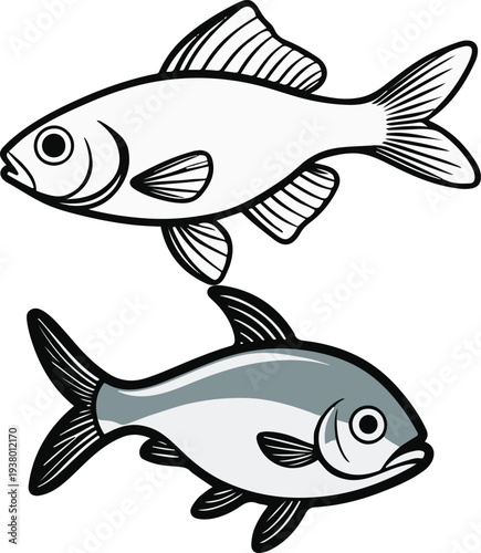 Minimalist newly hatched fish larva vector sticker, bold black thick clean outline, pure white background
