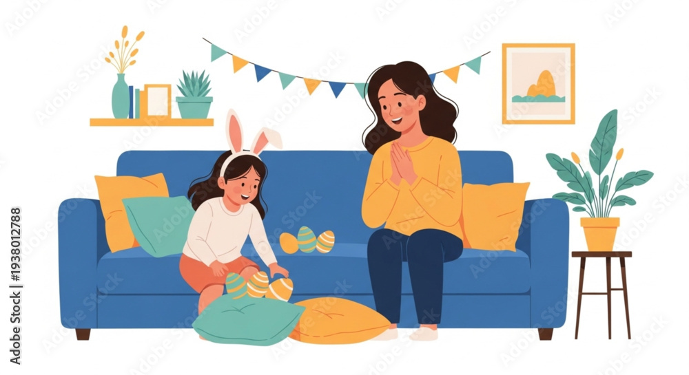 © Rabbi - Mother and daughter playing with toys on blue sofa in cozy living room with festive decor © Rabbi - Mother and daughter playing with toys on blue sofa in cozy living room with festive decor