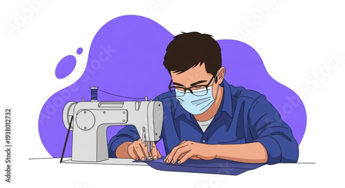 Young man sewing face mask on machine during pandemic with focus and precision