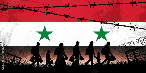 Syrian refugee migration illustration with barbed wire and war background