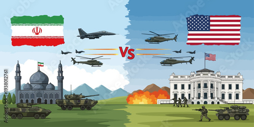 Iran versus USA conflict illustration with jets, tanks, and soldiers