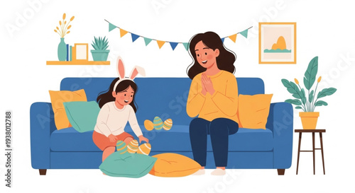 Mother and daughter playing with toys on blue sofa in cozy living room with festive decor