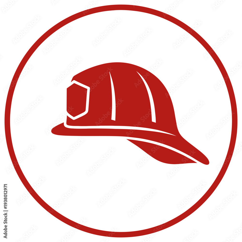 Fototapeta premium Firefighter helmet icon inside red circle safety symbol isolated on white