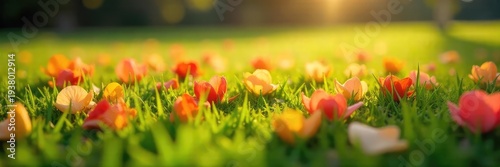 Vibrant flower petals scattered on lush green grass, bathed in sunlight  A perfect image for spring, nature, or floral themes  Ideal for websites, blogs, and advertising ,  idyllic,  light