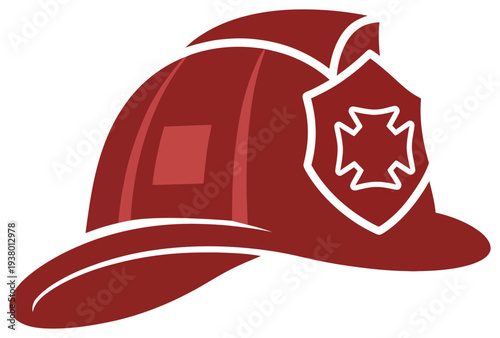 Firefighter helmet icon with shield badge red rescue hat isolated on white