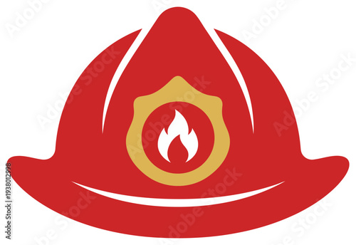 Firefighter helmet icon with flame badge red rescue hat isolated on white