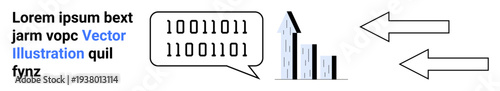 Digital communication, data processing, technology growth, data trends, analytics, decision-making. Binary code in a speech bubble, upward graph arrows. Communication and data processing concepts