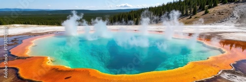 Vibrant turquoise water in a Yellowstone hot spring, surrounded by colorful mineral deposits and steam rising gently A tranquil and geothermal landscape , tranquil, deposit, picturesque