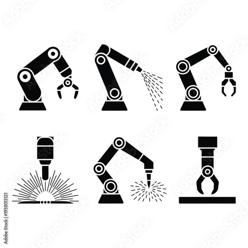 Industrial automation robotic arms glyph icons for manufacturing and assembly