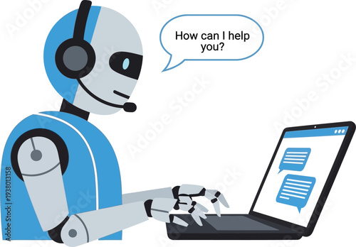Robot wearing a headset and using a laptop computer to assist customer