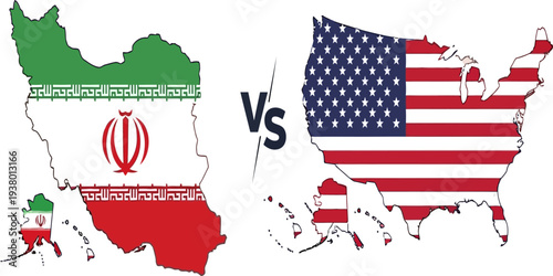 Iran versus United States map illustration showing geopolitical conflict rivalry