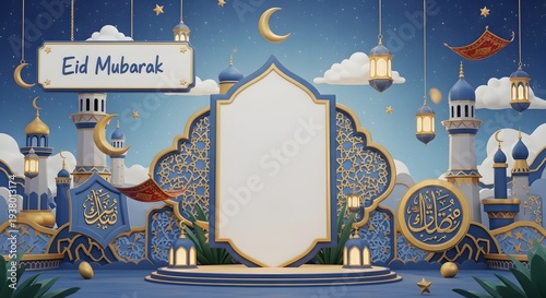 Ramadan Kareem Greeting Card Background with Islamic Frame and Lantern Copy Space