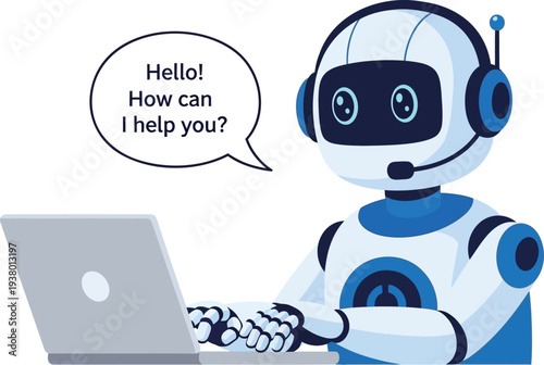 Cute robot with headset working on laptop and saying hello