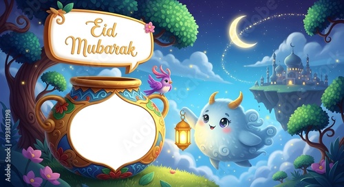 Ramadan Kareem Greeting Card Background with Islamic Frame and Lantern Copy Space
