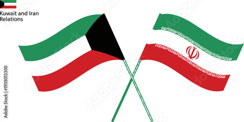 Illustration of Kuwait and Iran national flags crossed like diplomatic banners against a neutral background, symbolizing political relations, regional diplomacy, and geopolitical interaction in the Mi