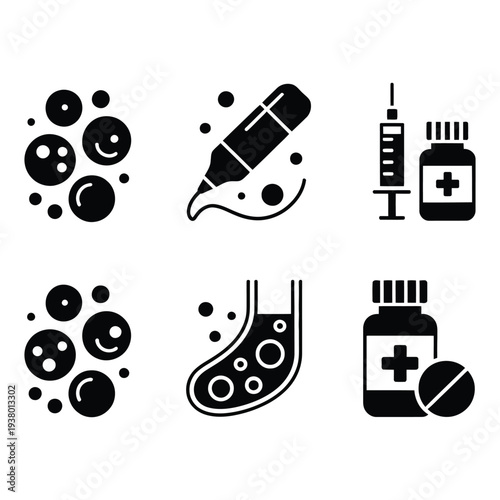 Medical research and healthcare icons illustrating laboratory tools and biological processes