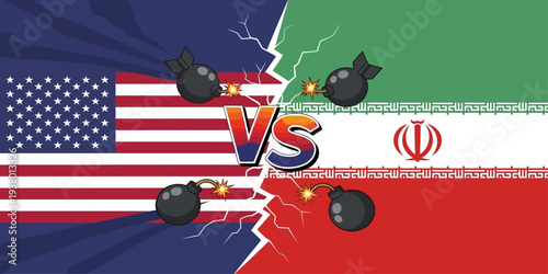 USA versus Iran conflict illustration with bombs and lightning clash