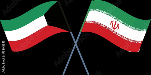 Vector illustration of Kuwait and Iran national flags crossed on poles against a black background, symbolizing diplomatic relations, geopolitical interaction, or international cooperation in the Middl